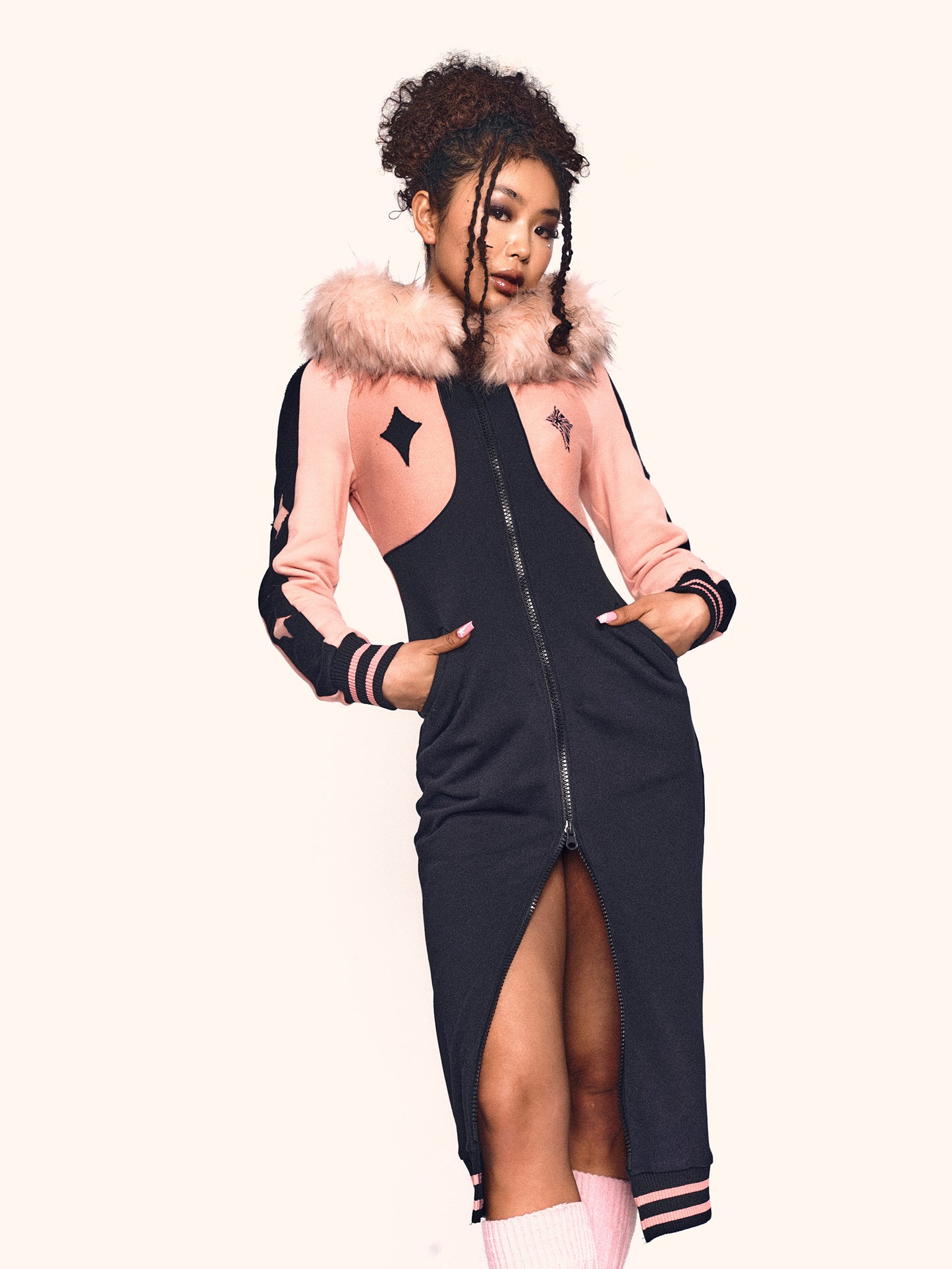 STARDUST HOODIE DRESS PEACH/NAVY