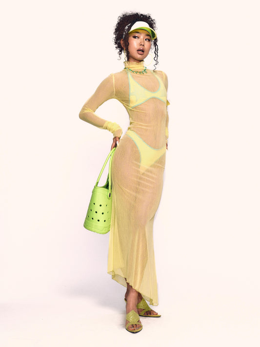 MLGL BEACH TAN SEE THROUGH DRESS LEMON