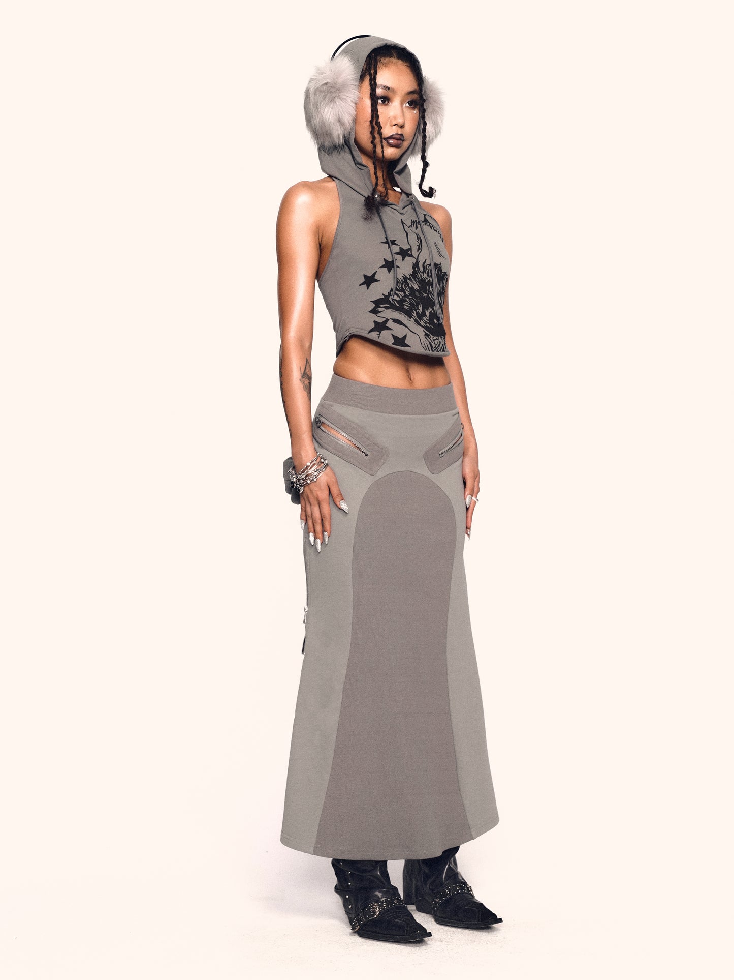 MLGL ZIP POCKET MAXI SKIRT GREY